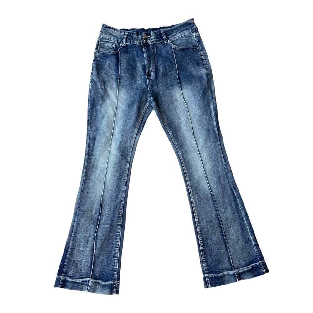 High Rise Pintuck Seam Flared Jeans Med Acid Wash Stretch Denim Women XL 31x30